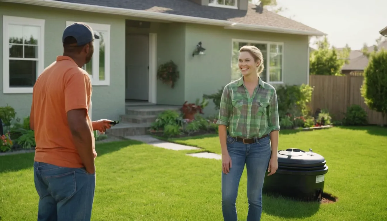 A calm homeowner talking with a septic provider beside a yard in Taylor