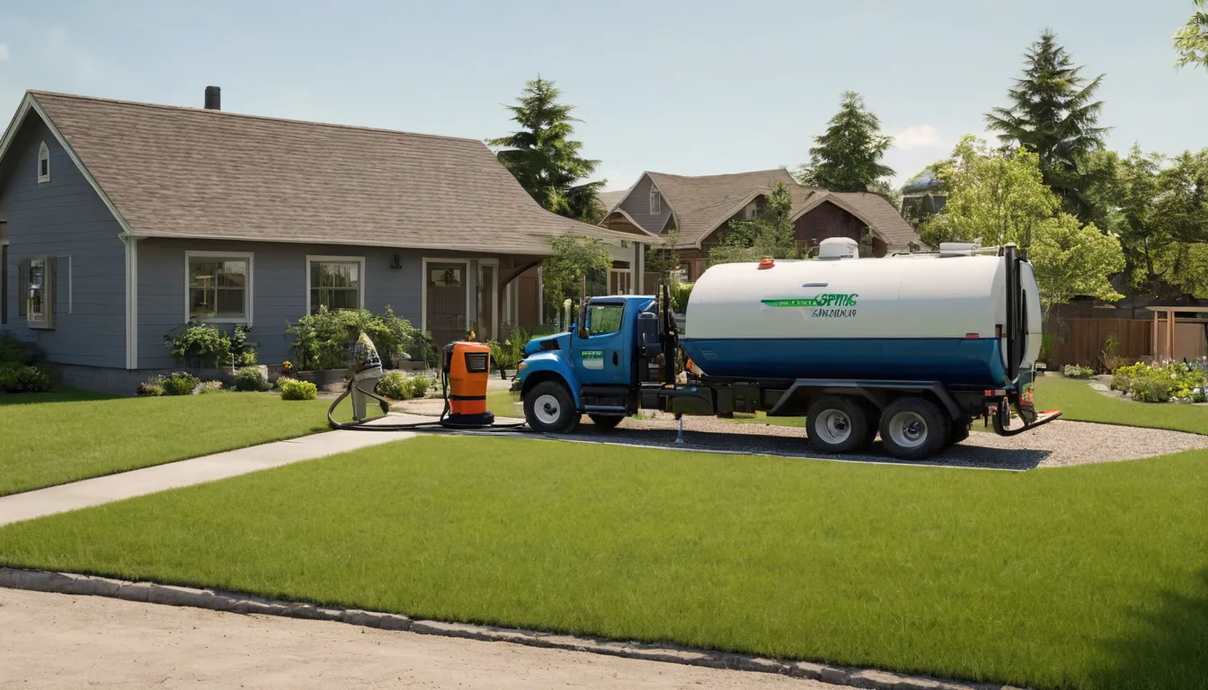 Septic pumping truck parked beside a residential yard in Taylor while a provider checks the tank lid